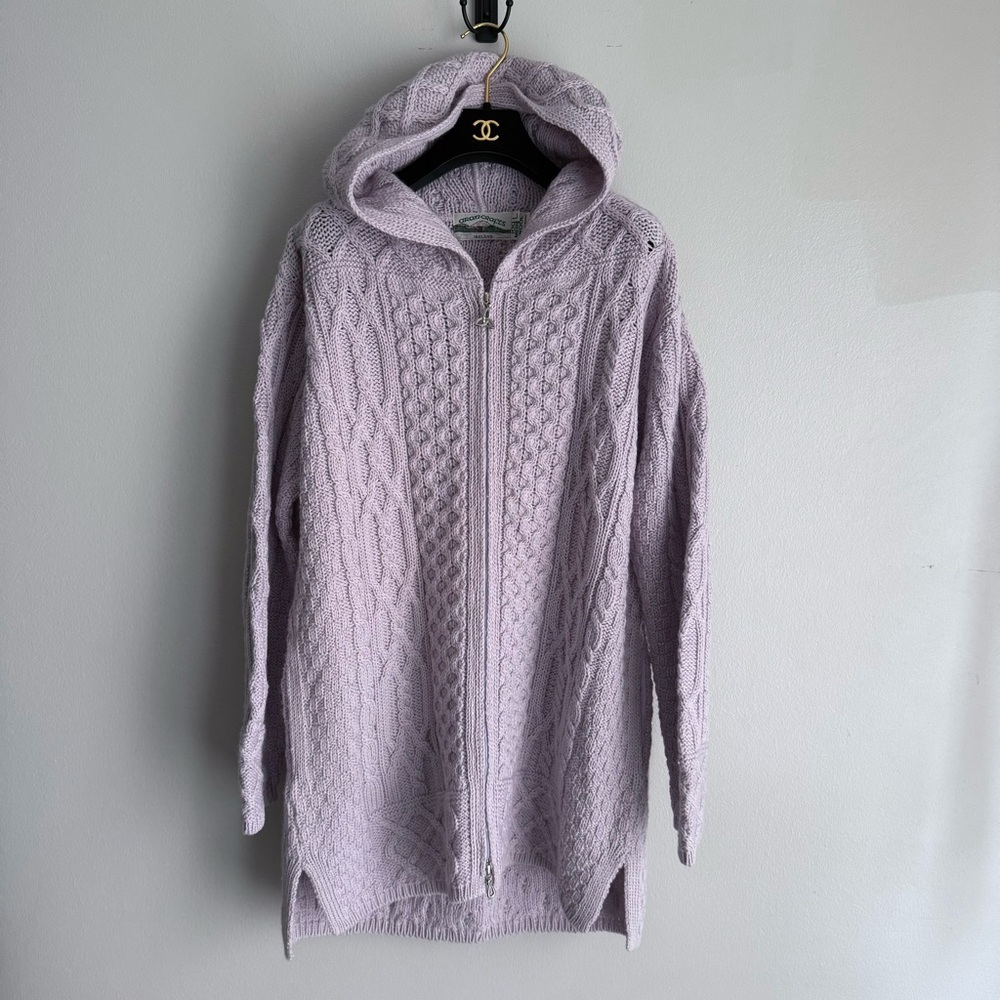 Aran Crafts hooded cable knit zip coatigan long cardigan 100% merino wool lilac